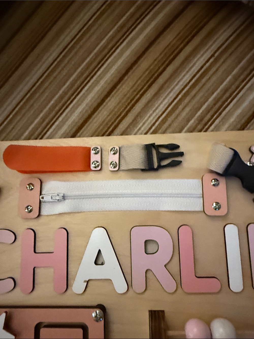 Wooden Activity Board for Girls- Personalized Pink and Natural for Charlie - Picture 10 of 13